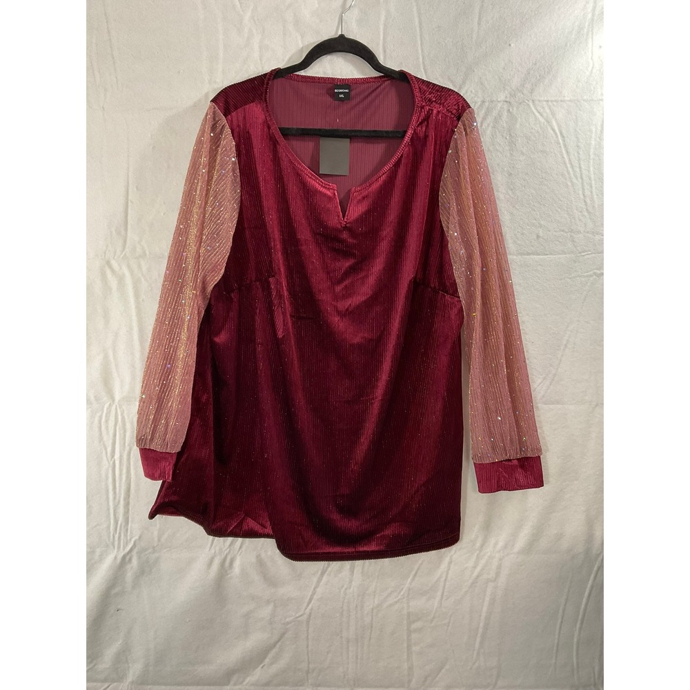 Scomchic Tunic Top Women 3XL Burgundy‎ New NWT Sequin Mesh Sleeve Velvet Ribbed
